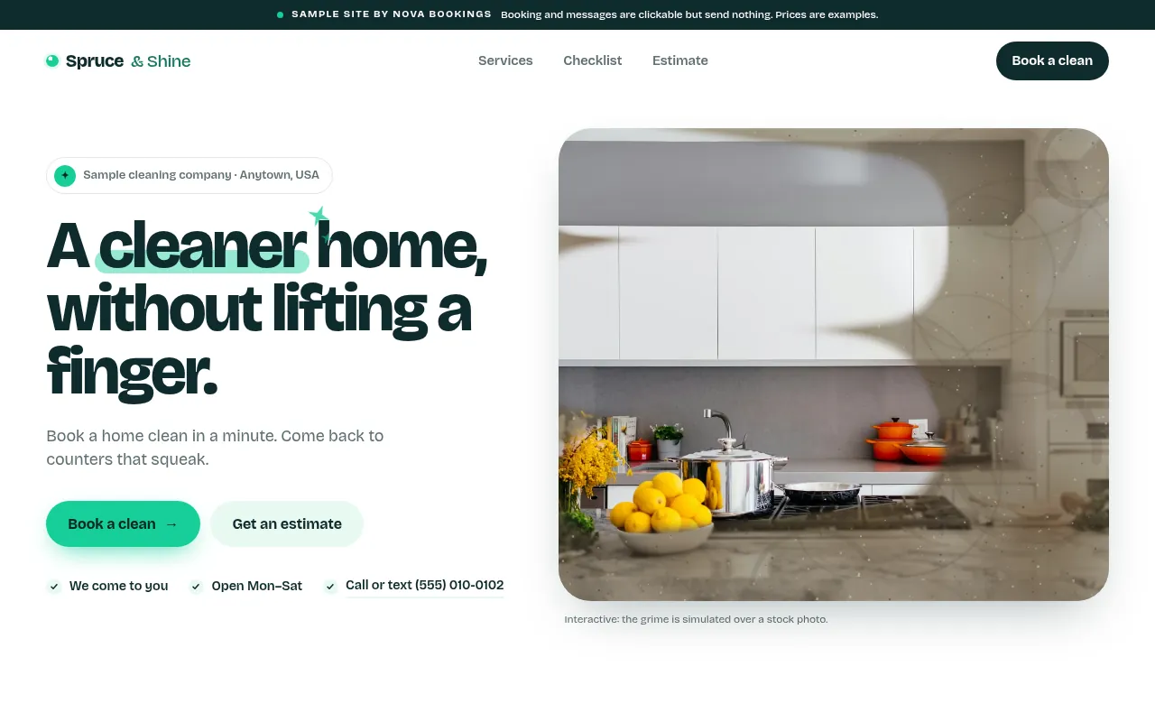 Homepage of the home cleaning sample site