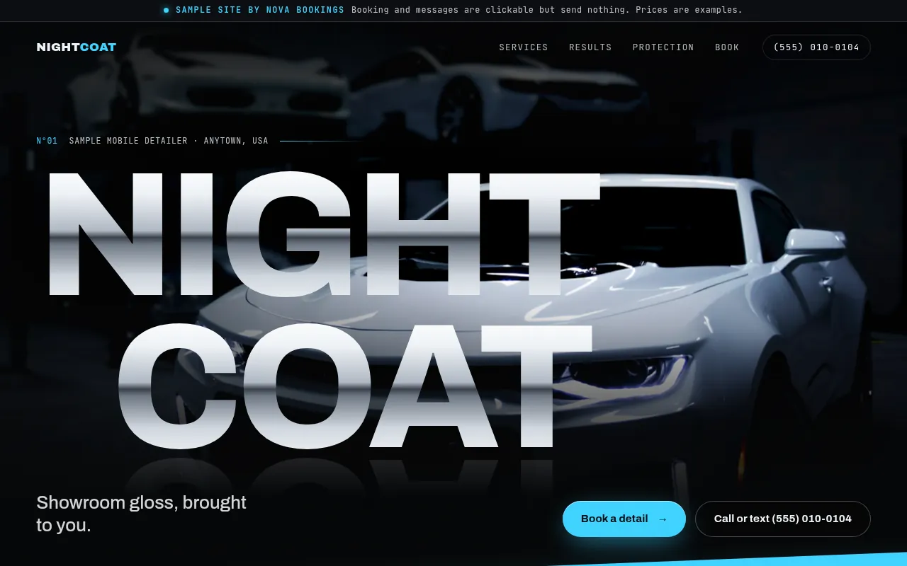 Homepage of the auto detailing sample site