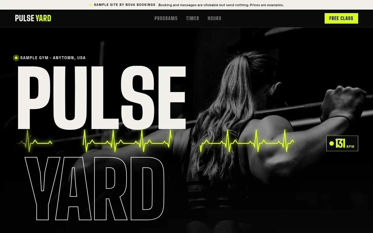 Homepage of the fitness studio sample site