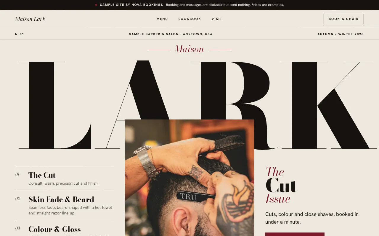 Homepage of the barber & salon sample site